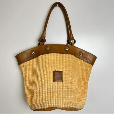 Vintage Nordstrom Italian Leather & Straw Basket Fan Shaped Market Tote Italy • $68