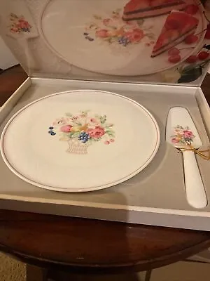New In Box Mikasa Bone China Cake Plate Remembrance And Cake Server Floral • $20