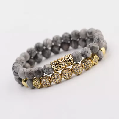 2024 Luxury Micro Pave CZ Ball Crown Charm Bracelets Men Jewelry Landscape Stone • $17.94