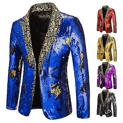 Men's Sequin Blazer Metallic Suit Disco Prom Shiny Jacket Wedding Party Tuxedo • $55.75