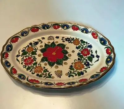 Vintage Handmade Manousakis Keramik Rodos Greece Red Hibiscus Floral 16  Platter • $29.99