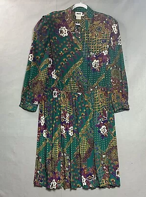 Vintage Dress Womens Plus 1X Geen Geometric Flowy Long Office Classic Retro 90s • $49.97