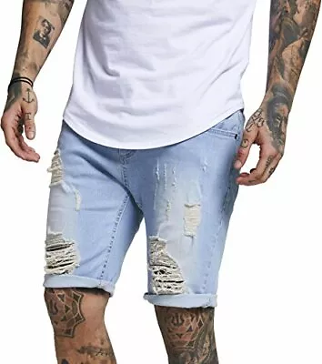 £22 • Buy SikSilk Men's Classic Distressed Skinny Shorts Light Wash Blue Urban Street Wear