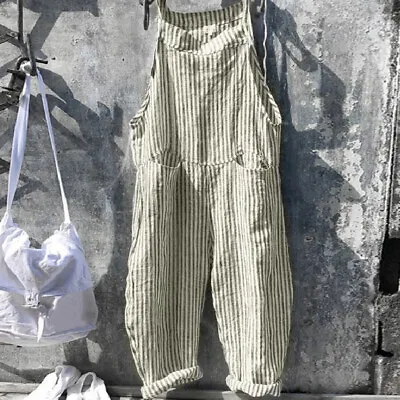 Ladies Loose Casual Striped Dungarees Jumpsuit Womens Overalls Baggy Romper • $14.02