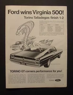 1969 Ford Talladega Torino Fairlane Virgina 500 428 Cobra Jet Car Ad NASCAR 1968 • $9.99