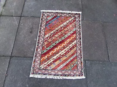 Vintage Hand Made Traditional Rug Oriental Wool Blue Red Small Rug 93x60cm • £105