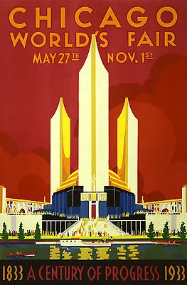  A0 Poster Print  For Glass Frame  Art Deco Chicago World Fair Vintage Painting • $68.50