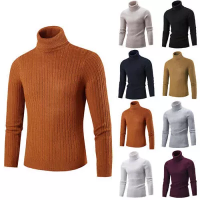 Mens Cable Knitted Roll Up Polo Turtle Neck Jumper Sweater Pullover Winter Tops • £15.89