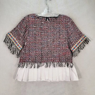 $18.95 • Buy Zara Womens Top Size S Blue Tweed Pleated Peplum Mirror Embroidered Blouse