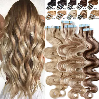 CLEARANCE Tape In Real Remy Human Hair Extensions Body Wave Curly 100G Skin Weft • $34.48