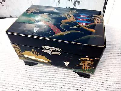 Vintage Japanese Black Lacquer Wood Music Jewellery Box • £19.99