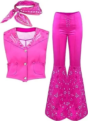 Barbie Cowgirl Costume 70s 80s Hippie Disco Pink Vest Top Flare Pant Halloween • $35.99