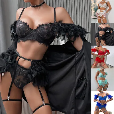 Ladies Feather Erotic Nightwear Set Bra Thong Suspender Underwear Lingerie Set • £12.99