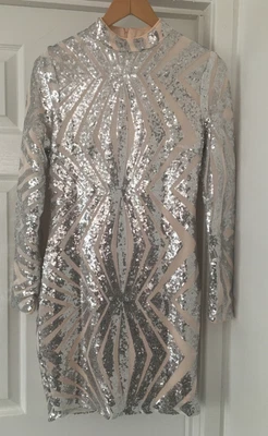 £4.99 • Buy New Quiz Nude Pink Silver Sequin Long Sleeve Party Cocktail Dress Bodycon Size 1