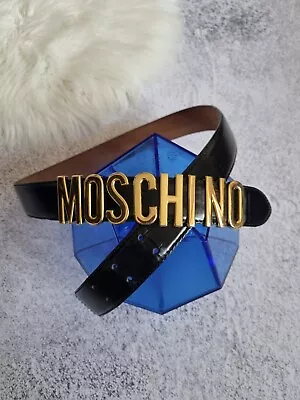 Moschino Redwall Gold Logo Black/Brown Leather Belt Size 46 • $95