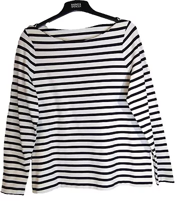 M&S White & Navy Nautical Stripe Long Sleeve Top Size 18 Sailor Rrp £25 • £12.99