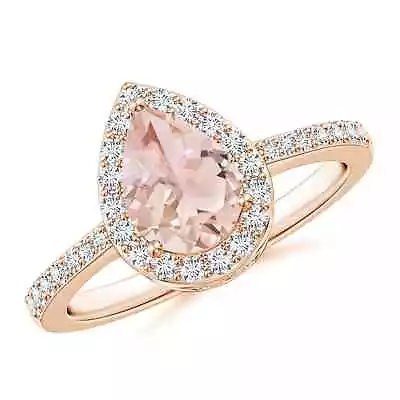 ANGARA Pear Morganite Ring With Diamond Halo For Women Girls In 14K Solid Gold • $1345.52