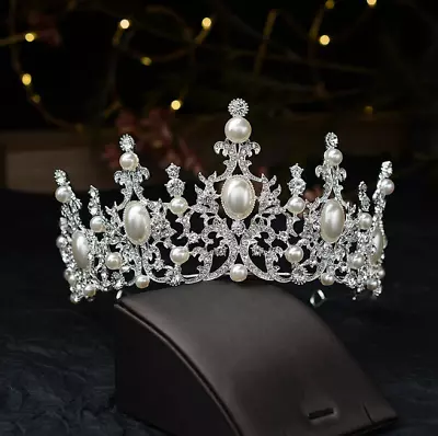£42.62 • Buy Rhinestone & Pearl Wedding Tiara Baroque Luxury Shiny Crystal Queen Bridal Crown