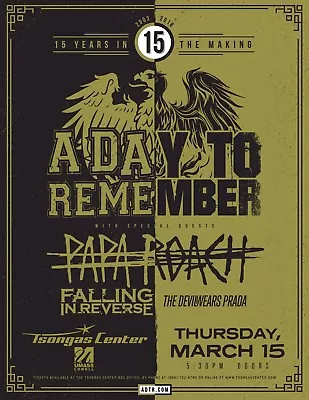 A Day To Remember/papa Roach 2018 Concert Poster For Florida Or Mass:you Choose! • $18.18