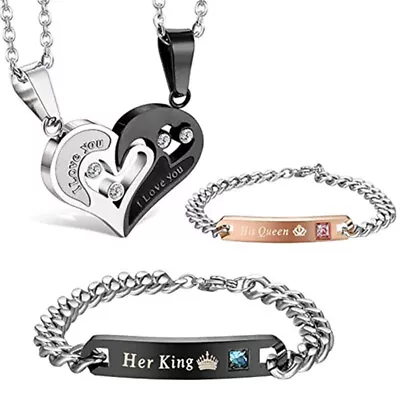 4Pcs Couple Necklace Bracelets Matching Set For Women Men Love Heart Couple Gift • £5.03