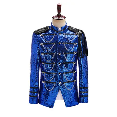 Men Shiny Sequin Hussar Jacket Fit Military Drummer Steampunk Parade Suit Blazer • $72.99