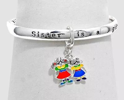  Sister Is A Gift  Mobius Bangle 2 Multi Color Sisters Charm Bracelet-Silvertone • $14