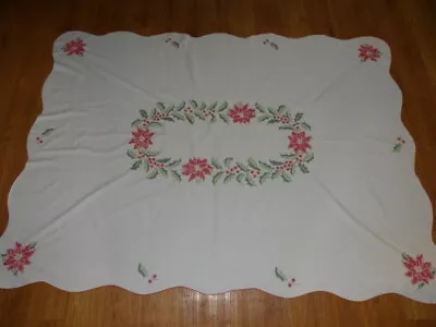 Vintage Hand Embroidered Christmas Tablecloth Poinsettias And Holly 76  X 56   • $29.99