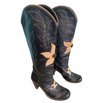 6 (36) MATERIA PRIMA By Goffredo Fantini Black Taupe Leather Floral Boots • $79