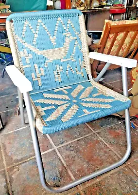 Vtg Mid Century  Woven Macrame Aluminum Folding Lawn Chair  • $45