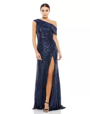 NWT Mac Duggal Womens Size 0 Navy One Shoulder Ruched Sequined Gown 26550 New • £179.54