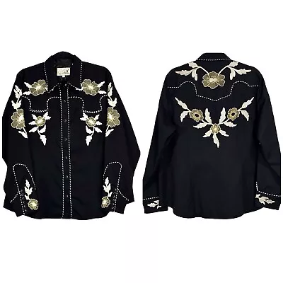 Vintage Roper Western Shirt Mens 2X Black Pearl Snap Embroidered Floral Cowboy • $119.95