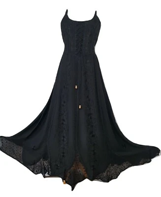 £27.99 • Buy Maxi Gothic Dress Corset Pagan Embroidered Black Size 10 12 14 16 18 20 22 24
