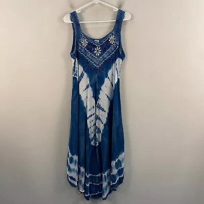 Shoreline Womens O/S Tank Dress Tie Dye Blue Embroidered Sleeveless Pullover • $18.85