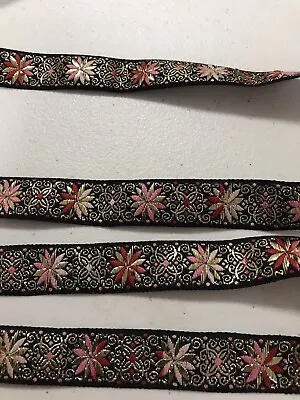 VINTAGE 2.5cm  JACQUARD BRAID Black Pink Green & GOLD THREAD - Sold By The Metre • $7