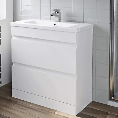 800mm Bathroom Vanity Unit Basin Storage 2 Drawer Cabinet Furniture White Gloss • £279.97