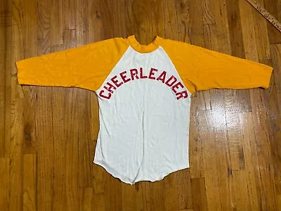 Vintage 70s Cheerleader Raglan Shirt Size Small Yellow/Red/White • $55