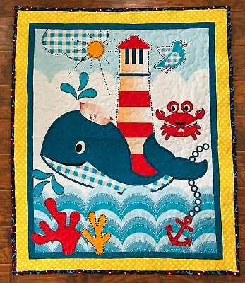 NAUTICAL WHALE'S TALE LIGHTHOUSE ANCHOR QUILTED BLANKET40 Wx48 L THROW • £67.45