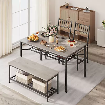 4Pcs Dining Set Table & 2 Storage Bench Wood Top Breakfast Dinette For Kitchen • $172.97