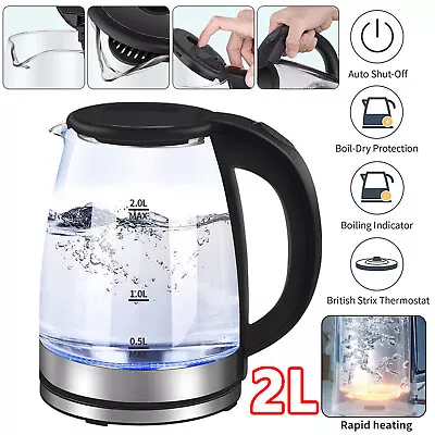 Electric Kettle 2L Fast Boil Quiet Glass Kettle 360 Blue LED Boil-Dry Protection • £11.85