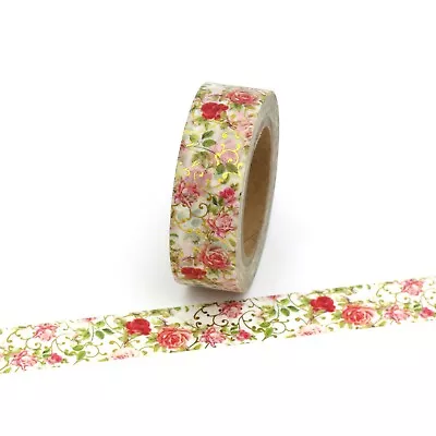 $5.50 • Buy Washi Tape Gold Foil Floral Roses Red Flowers Gilded Garden Botanical 15mm X 10m