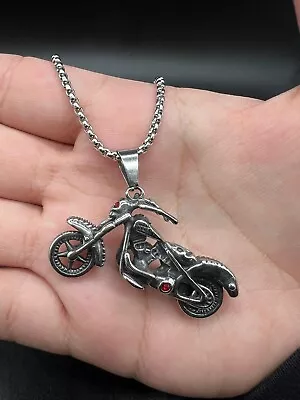 Vintage Cool Stainless Steel Motorcycle Pendant Necklace 24'' • $35