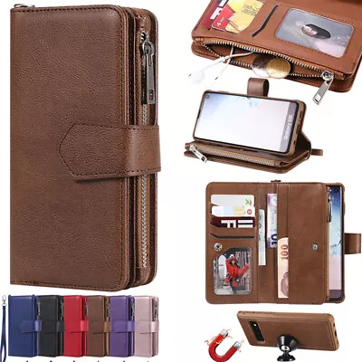 For Samsung S8 S21+ Note 20 Removable Magnetic Leather Wallet Zipper Case Cover • $21.88