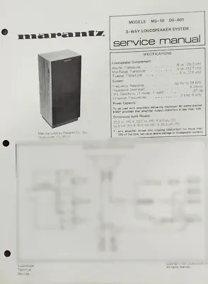 Marantz MS-10 - DS-601  3-Way 12  Loud Speaker System Service Manual - Original • $15