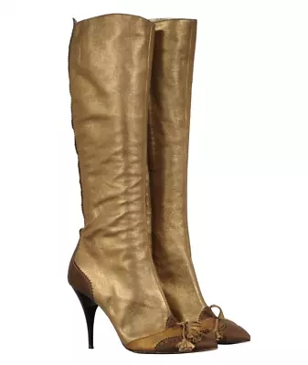 Giuseppe Zanotti Womens Knee High Boots US 7.5 EU 37.5 Gold Leather Wingtip • $238.12