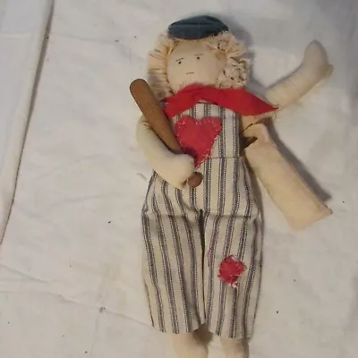 Cute Stuffed Boy Cloth Doll Holding A Wooden Bat-Country-Folk Art-Maybe Vintage • $18.99