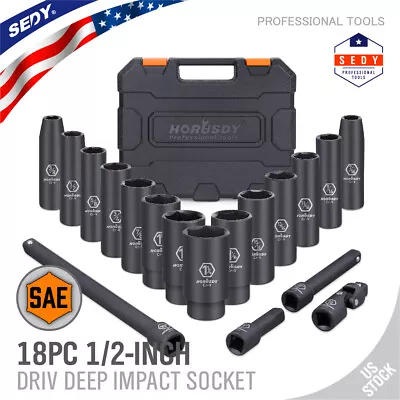 1/2-Inch Drive Deep Impact Socket Set SAE 18PC CR-V Inch 3/8 -1-1/4  Extensions • $49.39