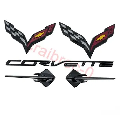 5PC Gloss Black Front Rear Stingray Cross Flags Emblem Kit 2014-2019 Corvette C7 • $59.99