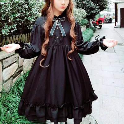 Japanese Gothic Mori Girls Bow Ruffles Princess Dress Punk Sweet Lolita Dress • $28.19