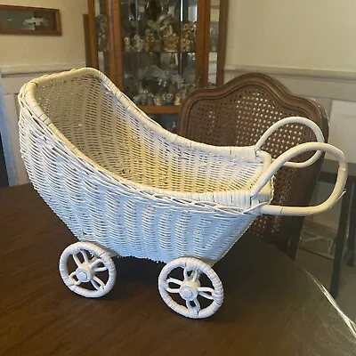 Vintage White Wicker Rattan Baby Doll Stroller Buggy Carriage Pram • $79