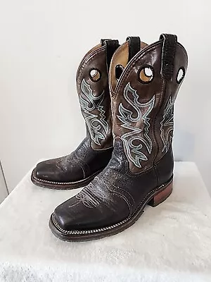 DOUBLE-H Square Toe Brown Leather Cowboy Boots DH3575 Men’s 8.5 D Made In USA • $95